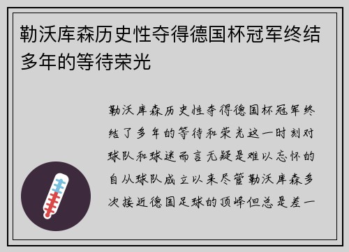勒沃库森历史性夺得德国杯冠军终结多年的等待荣光